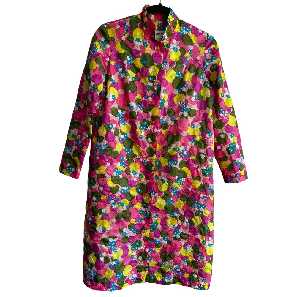 Vintage Saks Fifth Avenue Quilted Floral Robe Duster 60's 70's Retro Mod Small